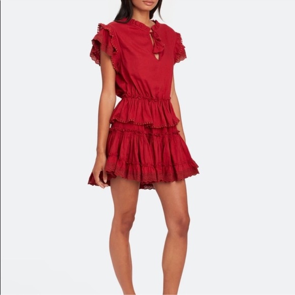 Misa Lillian Rust Orange/Red Tiered Ruffle Blouson Linen Blend Mini Dress Small - Picture 3 of 11